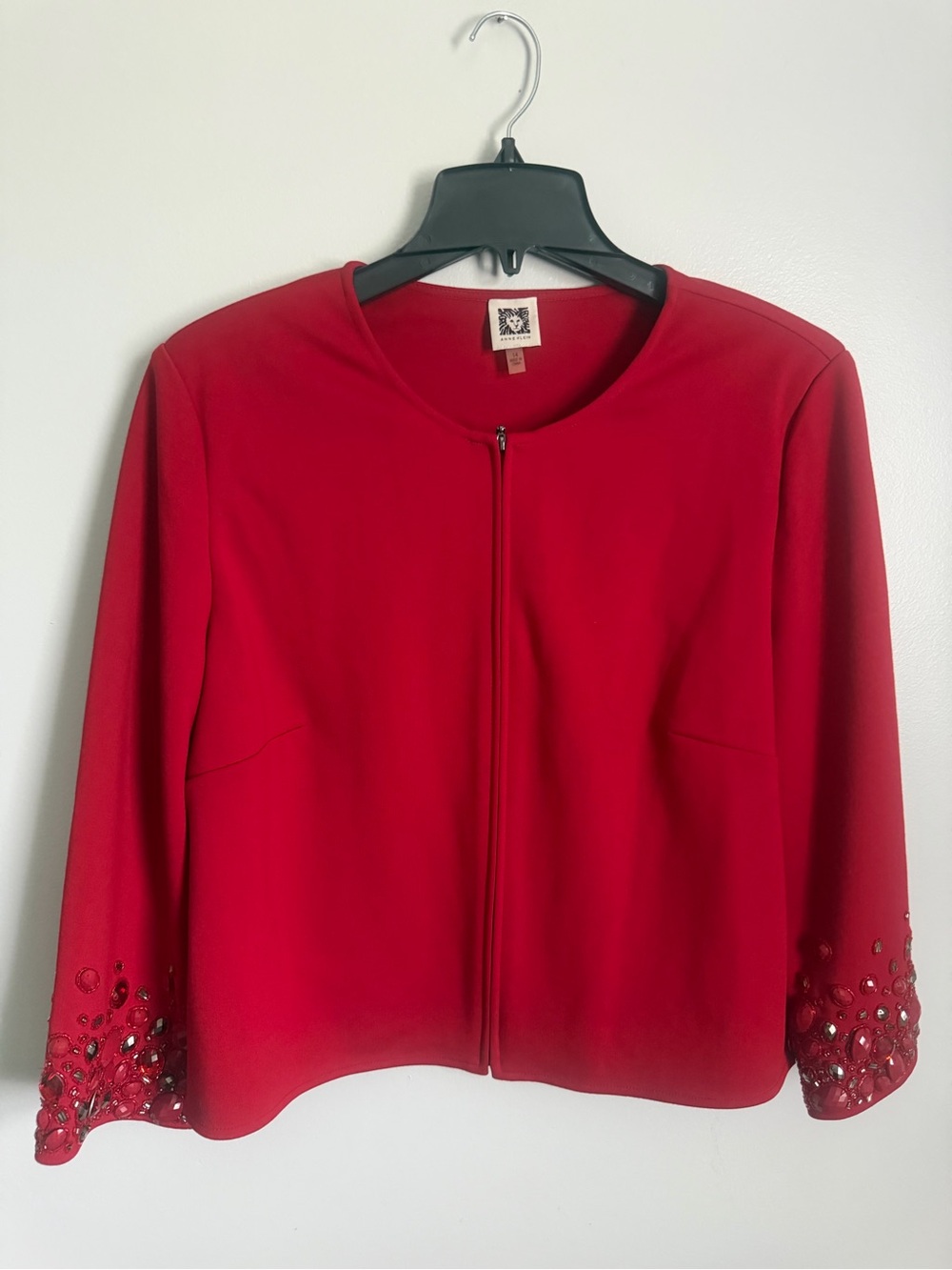 Ann Klein Red Front Zip Jacket  Embellished Beaded Trim size 14